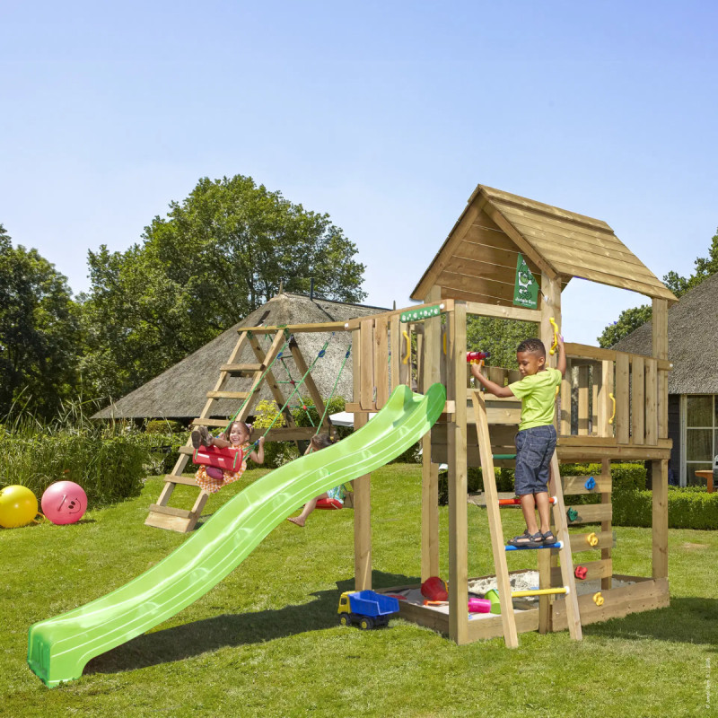 Jungle Gym Cubby Legetårn Med  -climb Module 220  Grøn Rutsjebane Og 120 Kg Sand