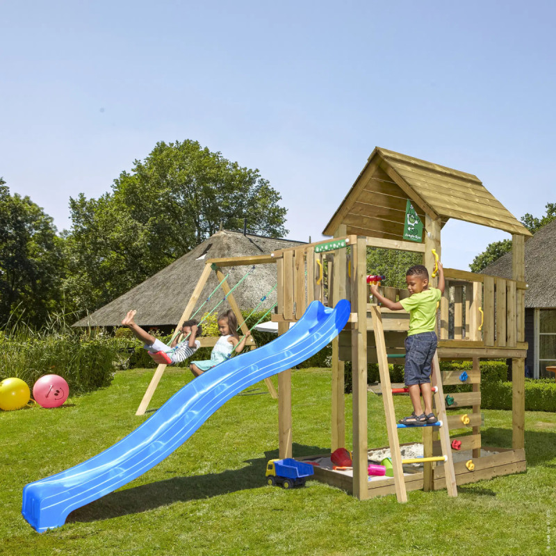 Jungle Gym Cubby Legetårn Med  -swing Module 220  Blå Rutsjebane Og 120 Kg Sand
