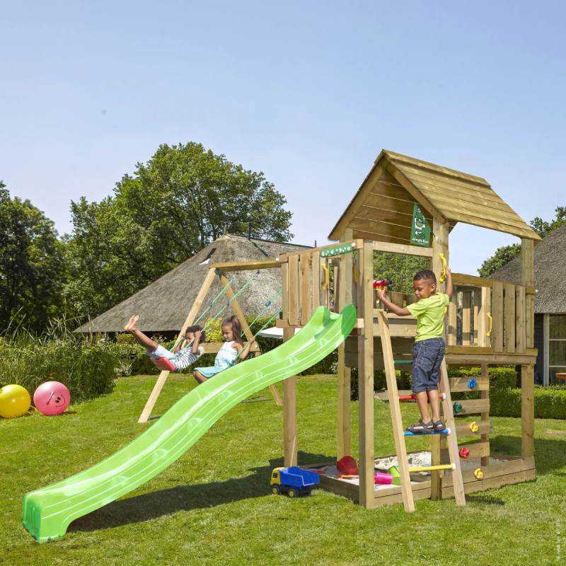 Jungle Gym Cubby Legetårn Med  -swing Module 220  Grøn Rutsjebane Og 120 Kg Sand