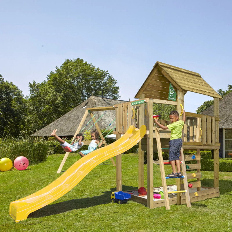 Jungle Gym Cubby Legetårn Med  -swing Module 220 Og Gul Rutsjebane
