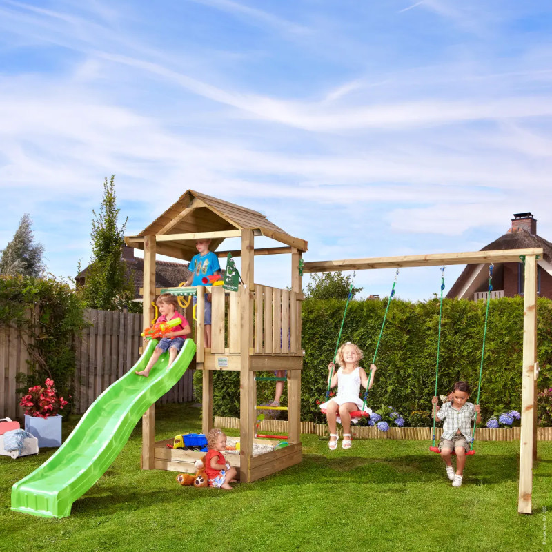Jungle Gym House     Legetårn Med  -swing Module 220 Og Grøn Rutsjebane 282   349   327 Cm