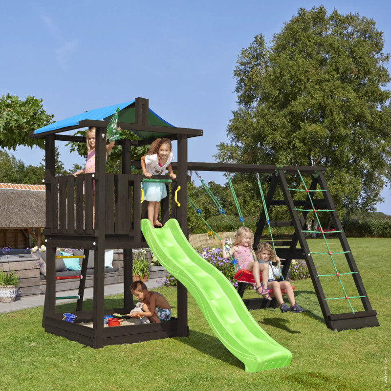Jungle Gym Hut     Legetårn Grundmalet Sort Med  -climb Module 220 Og Grøn Rutsjebane