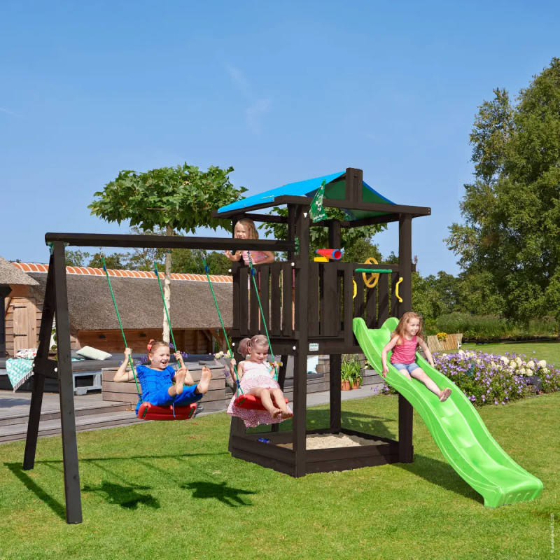 Jungle Gym Hut     Legetårn Med  -swing Module 220 Og Grøn Rutsjebane 271   347   327 Cm Grundmalet Sort