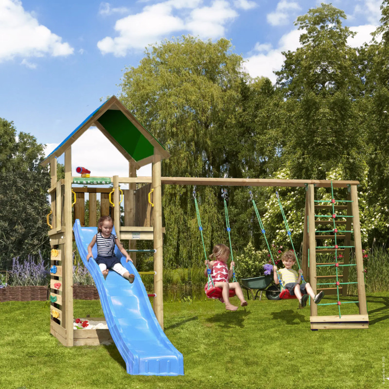Jungle Gym Lodge     Legetårn Med  -climb Module 220 Og Blå Rutsjebane
