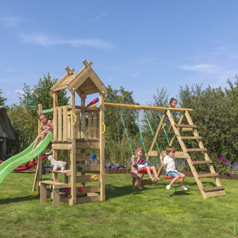 Jungle Gym Teepee Legetårn Med  -climb Module 200 Og Grøn Rutsjebane