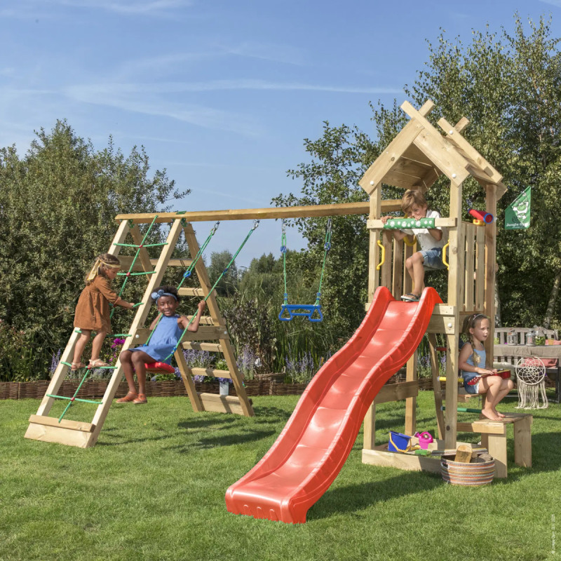 Jungle Gym Totem Legetårn Med  -climb Module 200 Og Rød Rutsjebane
