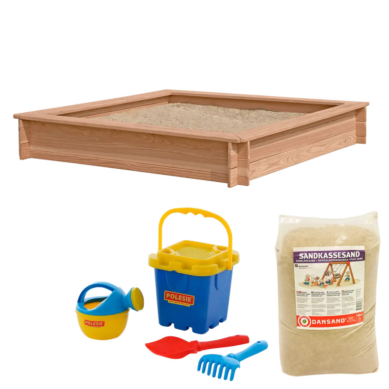 Nordic Play Sandkasse Lærk 150 150 Cm Med 240 Kg Sand Og Blåt Strandsæt