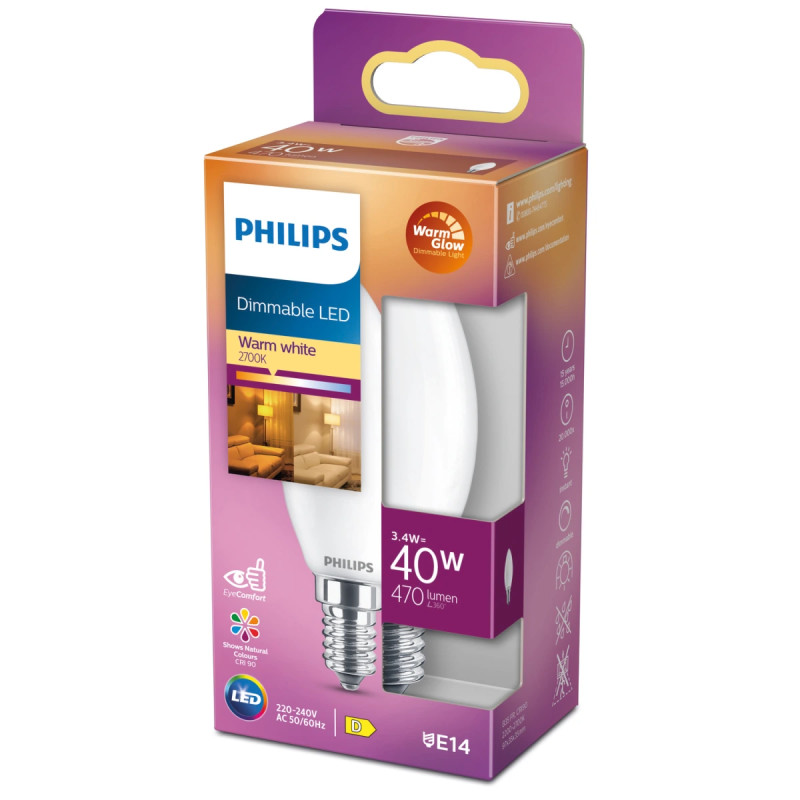 Philips Led Classic Kertepære B35 E14 Mat 40w Warmglow Dæmpbar  -pak